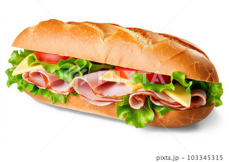 Delectable Ham and Cheese Salad Submarine Sandwich on Freshly Cut Baguette: A Tasty Delight. created with Generative AI 103345315