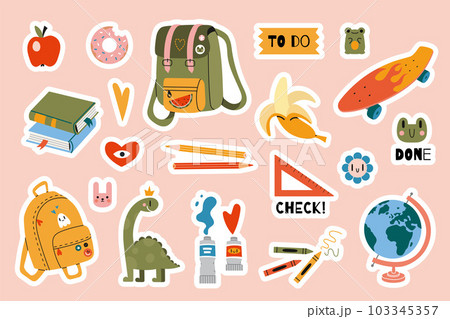 Set of  stickers for planner and diaries, vector flat illustration. Cute sticker pack with school stationery and art supplies, cartoon image and trendy lettering. Decorations for notebook, flat 103345357