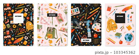 Trendy covers set on a school theme, cartoon style vector illustration. Cool design with seamless patterns, student stationery and art supplies. For notebooks, planners, brochures, books, catalogs Trendy covers set on a school theme, cartoon style vector illustration. Cool design with seamless patterns, student stationery and art supplies. For notebooks, planners, brochures, books, catalogs 103345362