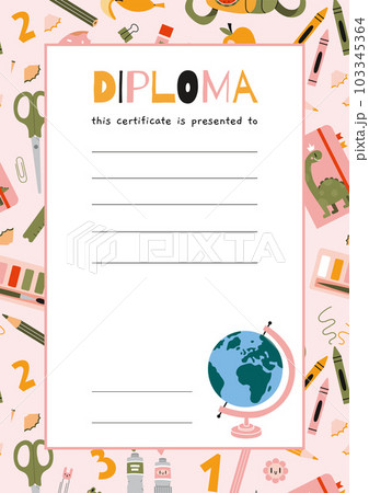 School diploma certificate for children and students with stationery and art supplies, cartoon style. Background with school supplies and objects with place for text. Trendy modern vector 103345364