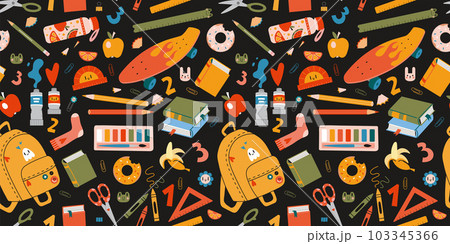 Seamless pattern with school stationery and art supplies on a black background, cartoon style. Back to school. Trendy modern vector illustration, hand drawn, flat 103345366