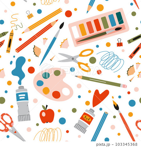 Seamless pattern with art supplies, stationery on a white background, cartoon style. Back to school. Trendy modern vector illustration, hand drawn, flat 103345368