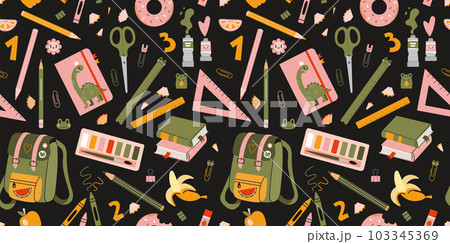 Seamless pattern with school stationery and art supplies on a black background, cartoon style. Back to school. Trendy modern vector illustration, hand drawn, flat 103345369