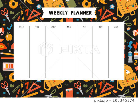 Cute weekly planner with school stationery and art supplies, cartoon style. Schedule for 7 days. Trendy modern vector illustration, hand drawn, flat Cute weekly planner with school stationery and art supplies, cartoon style. Schedule for 7 days. Trendy modern vector illustration, hand drawn, flat 103345374