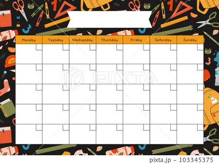 Cute monthly calendar template, school stationery and art supplies, cartoon style. Printable A4 paper sheet, planner for bullet journal page. Trendy modern vector illustration, hand drawn, flat 103345375