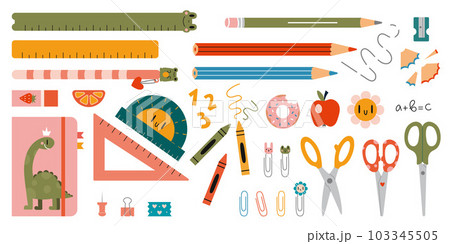 Cute school stationery and Art Supplies Set, cartoon style. Kawaii workspace accessories. Trendy modern vector illustration isolated on white background, hand drawn, flat Cute school stationery and Art Supplies Set, cartoon style. Kawaii workspace accessories. Trendy modern vector illustration isolated on white background, hand drawn, flat 103345505