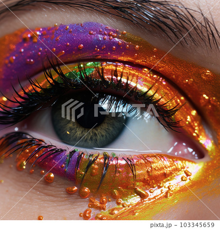 Vivid Eyeball with Rainbow Iris and Glitter Eyelashes A Female Eye