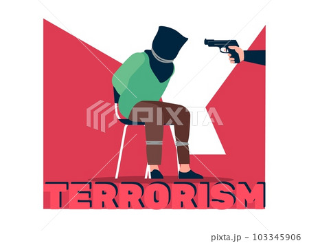 Terrorist points gun at kidnapped hostage with bag over his head. Terrorism poster. Criminal violence. Victim of bandits. Ransom demand. Weapon in hand. Threat of kill. Vector concept 103345906