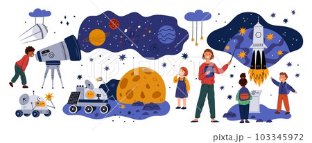 People in planetarium. Visitors to astronomy museum. Guide with children. Kids looks through telescope. Planets or stars constellations. Exhibition in observatory. Garish vector set People in planetarium. Visitors to astronomy museum. Guide with children. Kids looks through telescope. Planets or stars constellations. Exhibition in observatory. Garish vector set 103345972