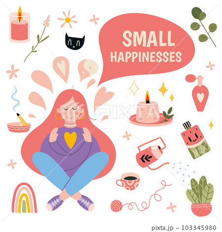 Small hapinesses, concept of comfort and coziness. Girl with household items, scandinavian hygge cartoon style. Vector trendy illustrations isolated on white Small hapinesses, concept of comfort and coziness. Girl with household items, scandinavian hygge cartoon style. Vector trendy illustrations isolated on white 103345980