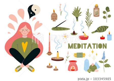 Woman meditating with croosed legs. Meditation practice set. Concept of zen and harmony, relax, recreation, healthy lifestyle. Vector illustration in flat cartoon style. 103345985