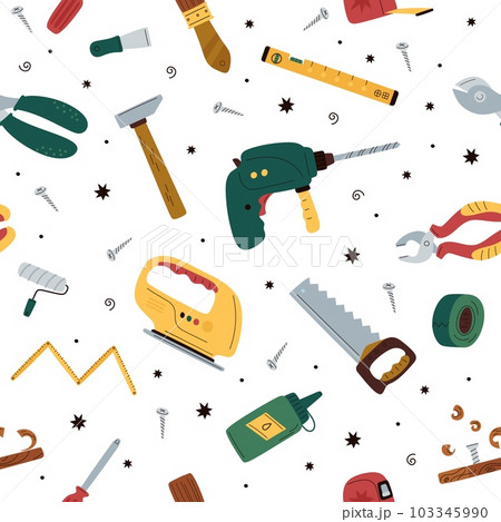 Pattern with tools. Seamless background with saw drill and hammer. Cartoon flat style isolated on white elements. Decor textile, wrapping paper, wallpaper design. Vector concept 103345990
