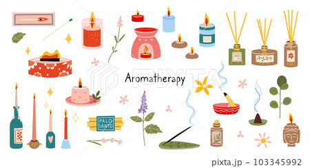 Candles and incense collection. Aromatherapy set, cartoon style. Essential oil, aroma diffuser, candles, burning incense sticks, palo santo 103345992