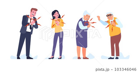Men and women experience chest sharp pain. Heart attack. Cardiovascular disease. Young and senior people hypertension illness. Infarction symptom. Arrhythmia and pressure. Vector concept Men and women experience chest sharp pain. Heart attack. Cardiovascular disease. Young and senior people hypertension illness. Infarction symptom. Arrhythmia and pressure. Vector concept 103346046