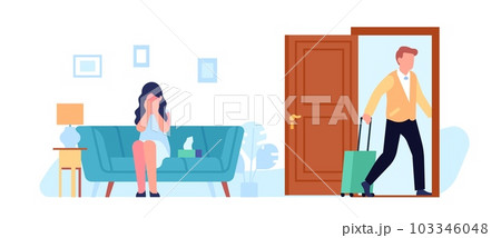 Man leaves unhappy crying woman. Guy with suitcase walking out door. Couple relationship divorce. Family destroying. Male and female quarrel. Mother and father breakup. Vector concept 103346048