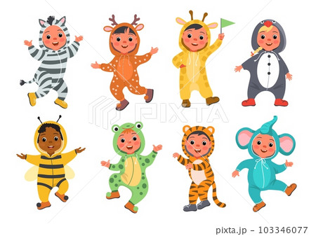 Kids animal dress. Funny children in cute pajamas and suits. Happy boys and girls. Carnival wears. Different kigurumi costumes. Halloween and birthday party clothing. Splendid vector set 103346077
