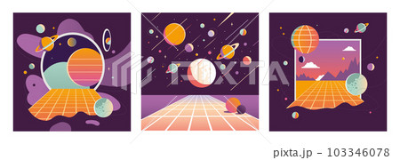 Virtual reality backgrounds set, cartoon style. Cyberspace entry concept, window to the metaverse. Space, planets and stars, retro futurism. Trendy vector illustration, hand drawn, flat 103346078