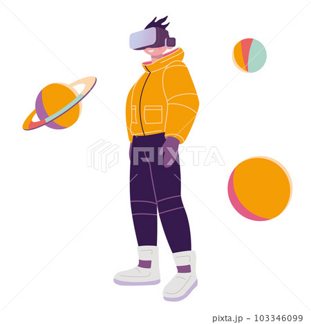 Boy in VR glasses and Space suit with planets, cartoon style. Concept of virtual reality technology, metaverse. Trendy modern vector illustration isolated on white background, hand drawn, flat 103346099