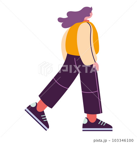 The girl takes a step forward, back view, cartoon style. Trendy modern vector illustration isolated on white background, hand drawn, flat 103346100