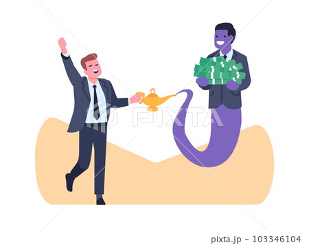 Joyful businessman asked business genie for money. Monetary help and support. Magic lamp. Jinn with dollar banknotes heap. Mythology character. Financial success desire. Vector concept 103346104