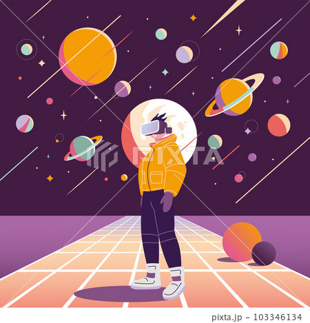 Concept of virtual reality technology, Future digital metaverse, cartoon style. Boy in VR glasses on Background with space, planets and stars, retro futurism. Trendy modern vector illustration, hand 103346134