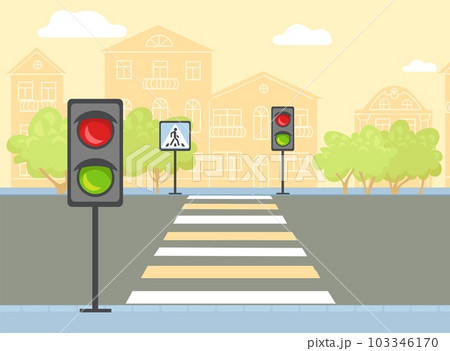 Crosswalk with road sign and traffic lights. Empty street. Urban landscape. Pedestrian walking. Highway zebra crossing. Automobile asphalt roadway. Car transportation. Vector concept 103346170