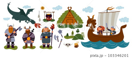 Cartoon vikings characters. Northern warriors with everyday life elements. Scandinavian house. Men and women in armor with weapons. Barbarians children on drakkar. Garish vector set Cartoon vikings characters. Northern warriors with everyday life elements. Scandinavian house. Men and women in armor with weapons. Barbarians children on drakkar. Garish vector set 103346201