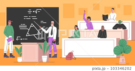 Cartoon students listen lecture. Auditorium with professor and listeners. Guy answers at blackboard. Math lesson. Classmates sitting at class desks. University education. Vector concept Cartoon students listen lecture. Auditorium with professor and listeners. Guy answers at blackboard. Math lesson. Classmates sitting at class desks. University education. Vector concept 103346202
