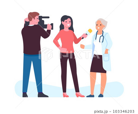 Cameraman and anchorwoman of news channel interview medical expert, doctor answers journalists questions. Report about health, press conference Cartoon flat style isolated vector concept Cameraman and anchorwoman of news channel interview medical expert, doctor answers journalists questions. Report about health, press conference Cartoon flat style isolated vector concept 103346203