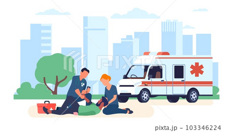 Ambulance doctors perform resuscitation on person lying there. Paramedic work. Hospital automobile on city landscape. Health care and medicine. Cartoon flat style isolated vector concept Ambulance doctors perform resuscitation on person lying there. Paramedic work. Hospital automobile on city landscape. Health care and medicine. Cartoon flat style isolated vector concept 103346224