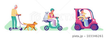Active people walk their dog and ride scooter and electric car with their pets. Happy owner with pets on electric transport, walking in park, cartoon flat style isolated vector concept 103346261