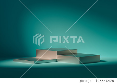 3d presentation pedestal or dais in teal room illuminated by sunlight 103346470
