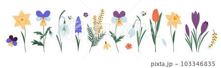 Set of various spring flowers, cartoon style. Trendy modern vector illustration isolated on white background, hand drawn, flat Set of various spring flowers, cartoon style. Trendy modern vector illustration isolated on white background, hand drawn, flat 103346835