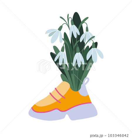 Bouquet of snowdrops in a sneaker, first spring flowers, cartoon style. Trendy modern vector illustration isolated on white background, hand drawn, flat 103346842