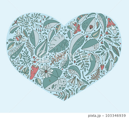 Vector illustration and pattern with plants, leaves, mushrooms and insects. 103346939