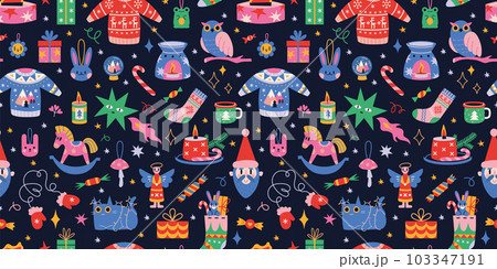Christmas seamless pattern with cute winter cozy elements in bright color on a black background, cartoon style. Trendy modern vector illustration, hand drawn, flat 103347191