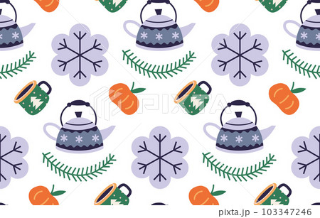 Christmas tea party seamless pattern with cute winter cozy elements on a white background, cartoon style. Trendy modern vector illustration, hand drawn, flat Christmas tea party seamless pattern with cute winter cozy elements on a white background, cartoon style. Trendy modern vector illustration, hand drawn, flat 103347246