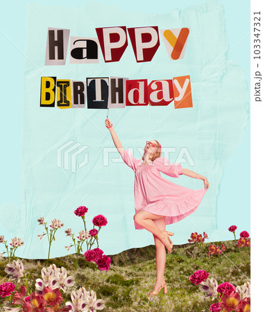 Happy, smiling, young girl in festive pink dress cheerfully celebrating her birthday. Contemporary art collage. 103347321