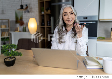 Smiling positive senior woman at the laptop listening to webinar Smiling positive senior woman at the laptop listening to webinar 103347806