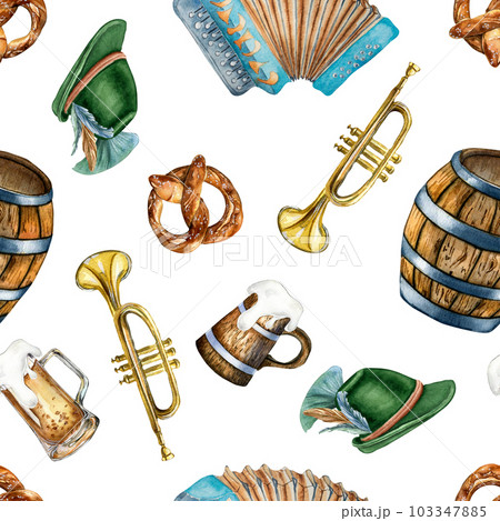 Wooden barrel, pint of beer, german hat, accordion watercolor seamless pattern isolated on white. Pretzel, wheat ear, trumpet hand drawn. Design for beer festival, brewing, wrapping, background Wooden barrel, pint of beer, german hat, accordion watercolor seamless pattern isolated on white. Pretzel, wheat ear, trumpet hand drawn. Design for beer festival, brewing, wrapping, background 103347885