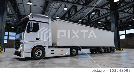 Modern truck with white trailer in warehouse 103348095