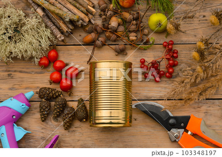 autumn craft with kids. How to make autumn floral decorations. Tutorial, 1- step by step. made of natural materials and old tin can, zero waste 103348197