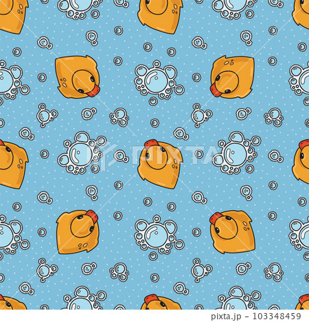 Vector seamless pattern with rubber ducks and soap foam, doodle cartoon style. Trendy modern vector illustration, hand drawn, flat 103348459