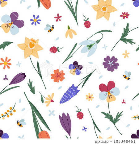 Seamless pattern with various spring flowers, floral design on white background, cartoon style. Trendy modern vector illustration, hand drawn, flat Seamless pattern with various spring flowers, floral design on white background, cartoon style. Trendy modern vector illustration, hand drawn, flat 103348461