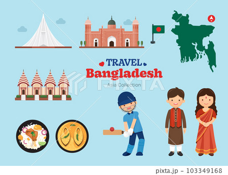 Travel Bangladesh flat icons set. Bangladeshi element icon map and landmarks symbols and objects collection. Vector Illustration Travel Bangladesh flat icons set. Bangladeshi element icon map and landmarks symbols and objects collection. Vector Illustration 103349168