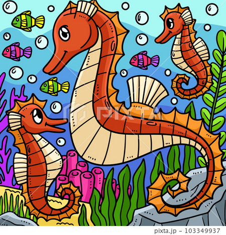 Mother Seahorse and Baby Seahorse Colored Cartoon 103349937