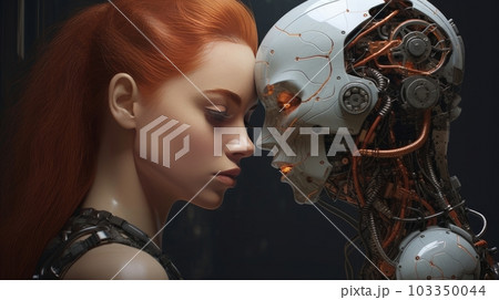 A woman with red hair with feelings touches the robot with her face. AI generated A woman with red hair with feelings touches the robot with her face. AI generated 103350044