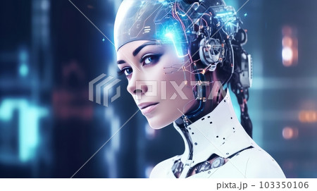 Humanoid cyber girl in virtual digital technologies in neon light, futuristic robot in 3d render. The concept of coexistence of people and robots. Generative AI. 103350106