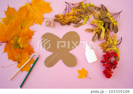 1. Step by step. Butterfly made of natural material, autumn leaves, berries, children's craft. 1. Step by step. Butterfly made of natural material, autumn leaves, berries, children's craft. 103350186