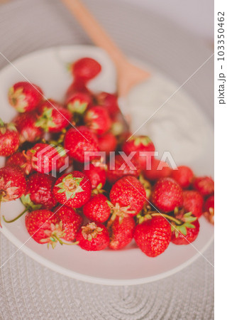 Bunch of bananas and strawberries. Photo toned style Instagram filters. Concept of healthy breakfast. Flatlay 103350462